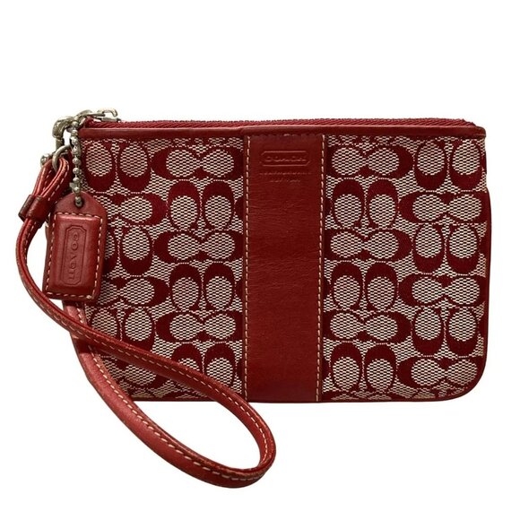 Auth COACH - Red Jacquard Leather Pouch - Picture 1 of 9
